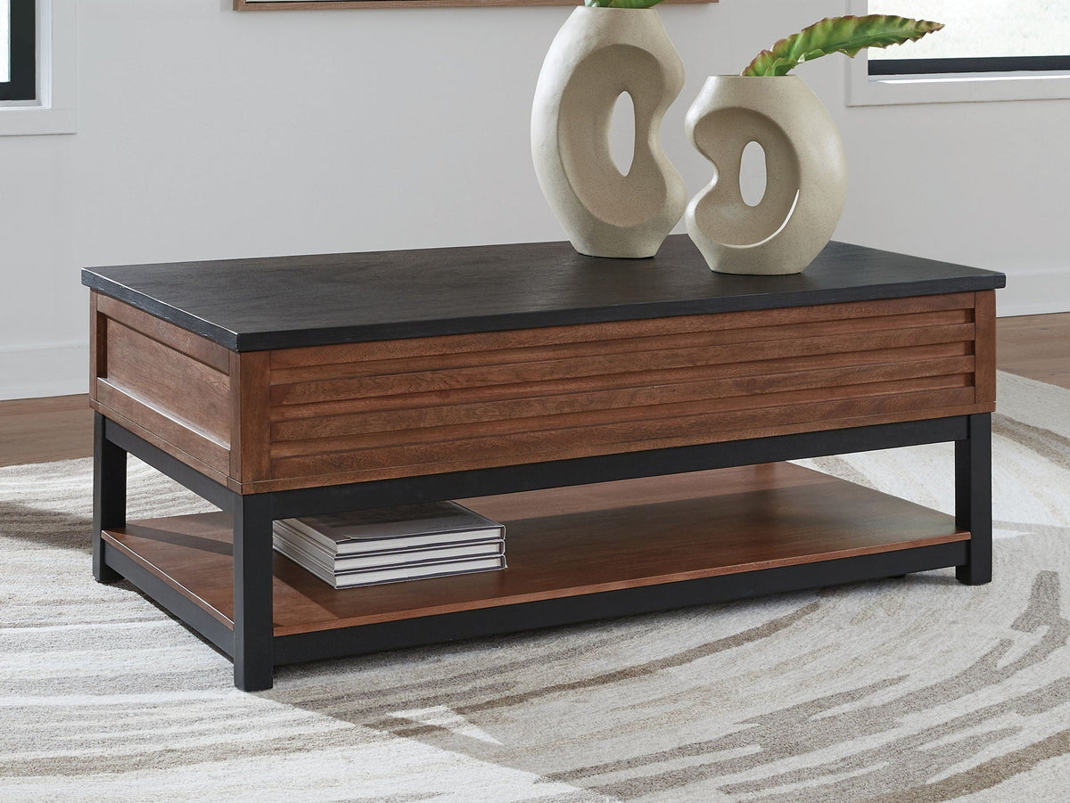 Kallari - Lift Top Cocktail Table - Warm Brown / Black - Select Living Furniture - Cocktail Tables - Signature Design by Ashley® - T737-9 - Kallari - Lift Top Cocktail Table - Warm Brown / Black -