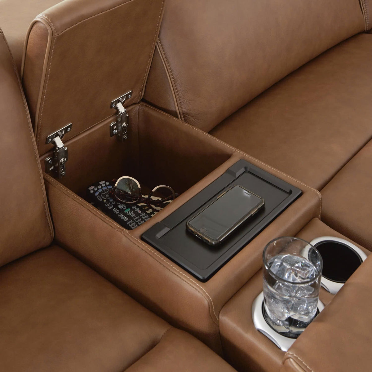 Rally-Up Reclining Sectional - Select Living Furniture - Signature Design by Ashley - RALLY-2PC - Caramel -2-Piece Power Reclining Loveseat - Rally-Up console with open storage compartment -