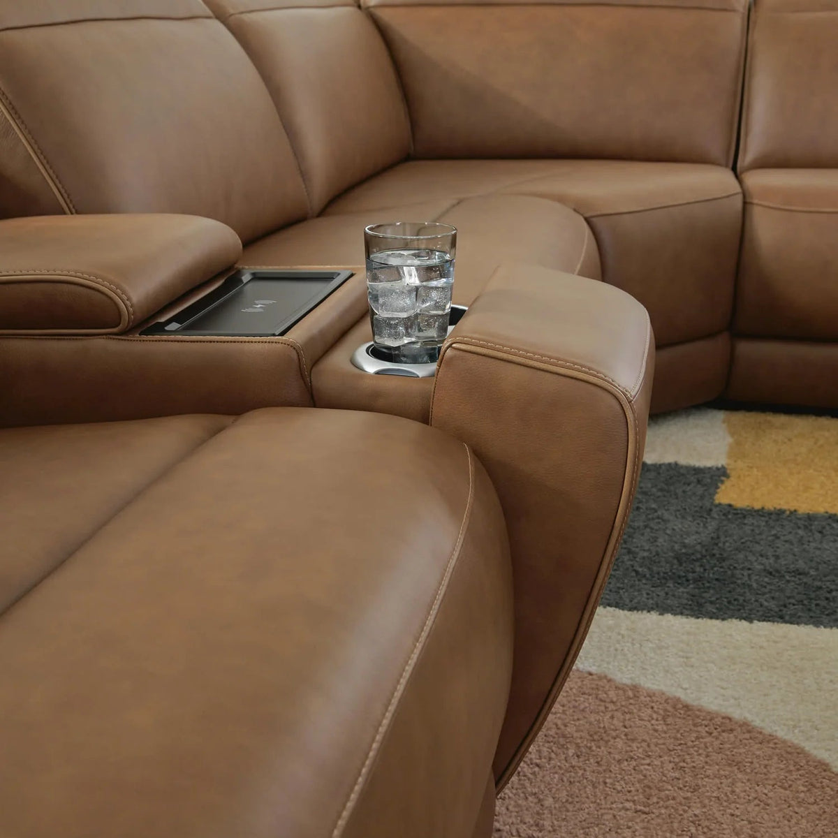 Rally-Up Reclining Sectional - Select Living Furniture - Signature Design by Ashley - RALLY-5PC-C - Caramel -5-Piece Power Reclining Sectional + Console - Rally-Up console with wireless phone charging and cup holder -