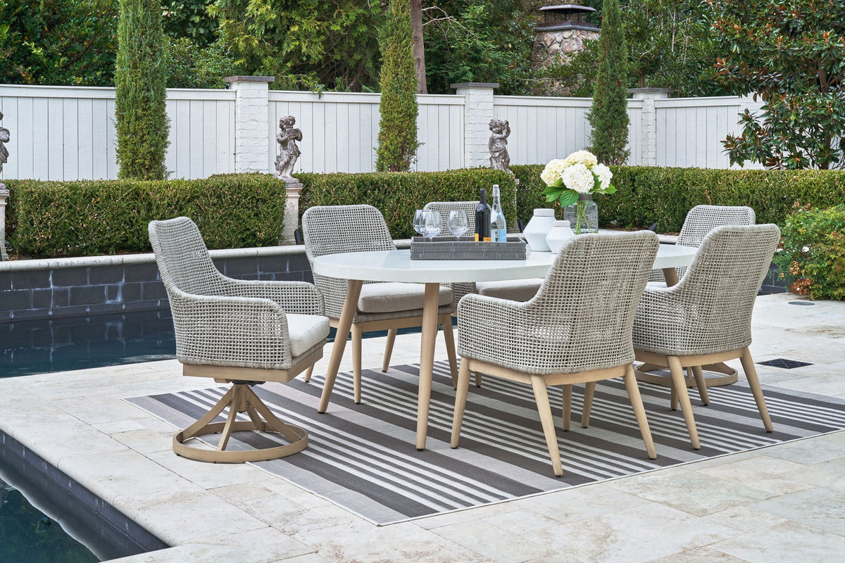 Seton Creek - Dining Set - Select Living Furniture - 5 Piece Outdoor Sets - Signature Design by Ashley® - P798/625/601A(2)/602A - Light Gray -7 Pc. Table, 4 Arm Chairs, 2 Swivel Chairs - Seton Creek - Dining Set -