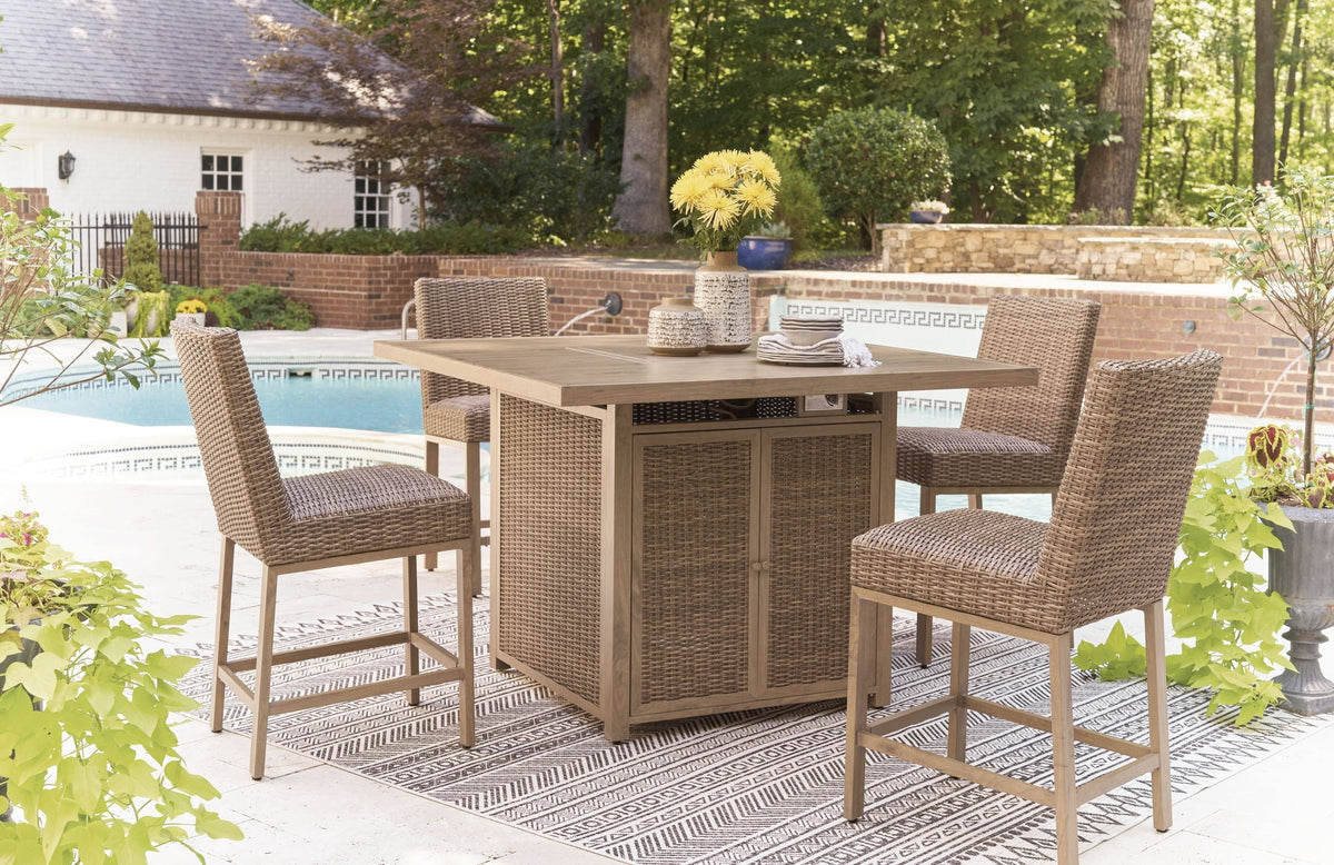 Walton Bridge - 5 Pc. - Square Bar Table W/Fire Pit, 4 Barstools - Driftwood - Select Living Furniture - 5 Piece Outdoor Sets - Signature Design by Ashley® - P749/665/130(2) - Walton Bridge - 5 Pc. - Square Bar Table W/Fire Pit, 4 Barstools - Driftwood -