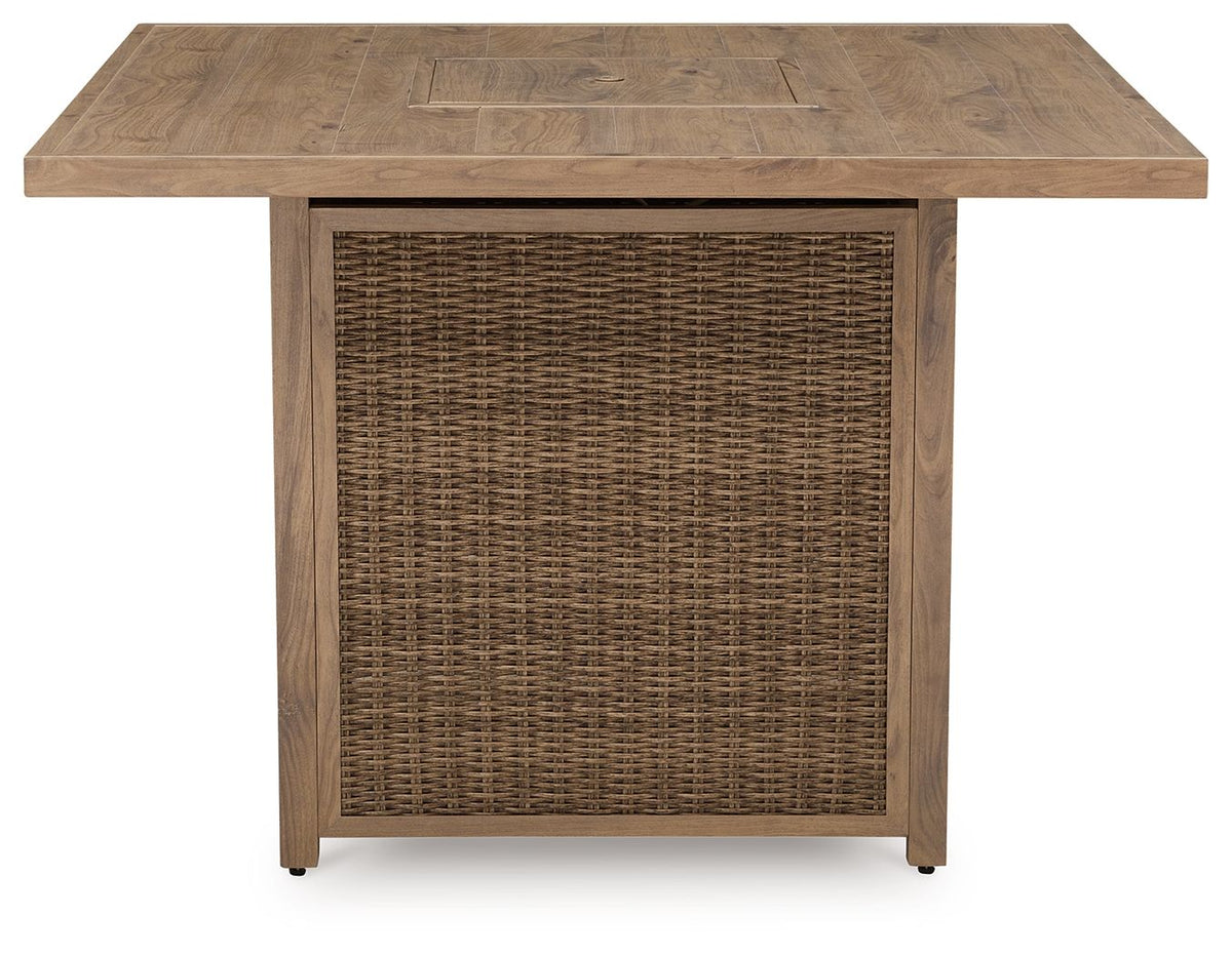 Walton Bridge - 5 Pc. - Square Bar Table W/Fire Pit, 4 Barstools - Driftwood - Select Living Furniture - 5 Piece Outdoor Sets - Signature Design by Ashley® - P749/665/130(2) - Walton Bridge - 5 Pc. - Square Bar Table W/Fire Pit, 4 Barstools - Driftwood -