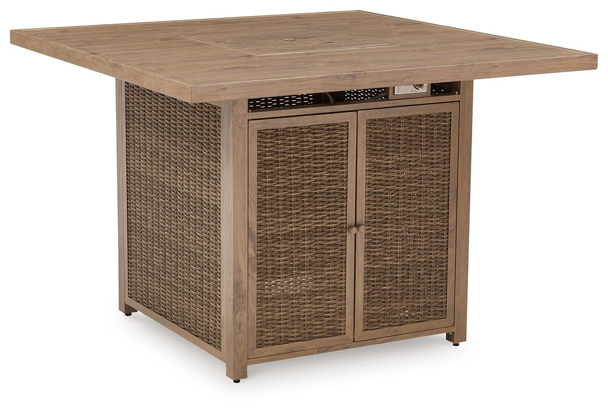 Walton Bridge - 5 Pc. - Square Bar Table W/Fire Pit, 4 Barstools - Driftwood - Select Living Furniture - 5 Piece Outdoor Sets - Signature Design by Ashley® - P749/665/130(2) - Walton Bridge - 5 Pc. - Square Bar Table W/Fire Pit, 4 Barstools - Driftwood -