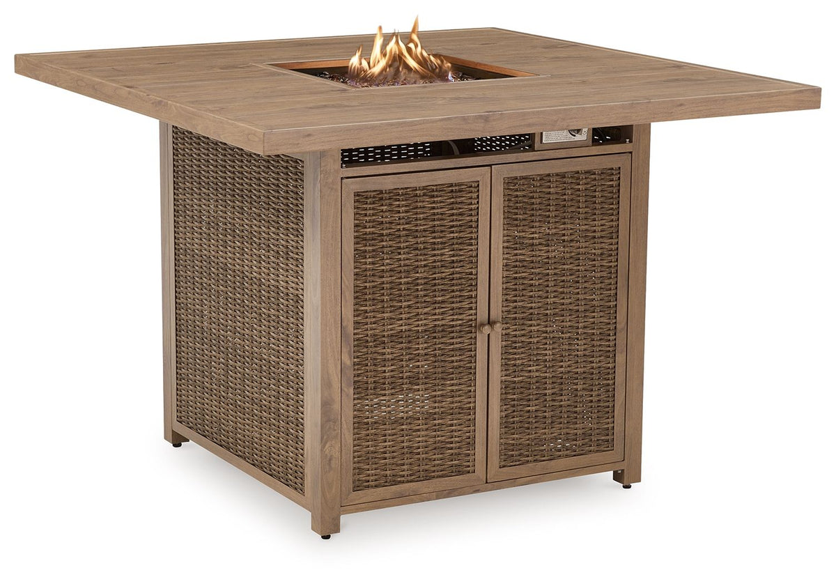 Walton Bridge - 5 Pc. - Square Bar Table W/Fire Pit, 4 Barstools - Driftwood - Select Living Furniture - 5 Piece Outdoor Sets - Signature Design by Ashley® - P749/665/130(2) - Walton Bridge - 5 Pc. - Square Bar Table W/Fire Pit, 4 Barstools - Driftwood -