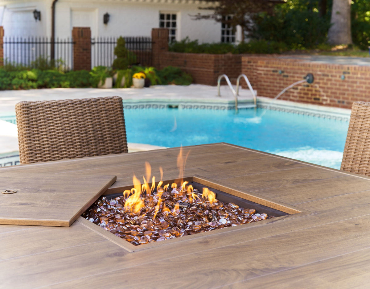 Walton Bridge - 5 Pc. - Square Bar Table W/Fire Pit, 4 Barstools - Driftwood - Select Living Furniture - 5 Piece Outdoor Sets - Signature Design by Ashley® - P749/665/130(2) - Walton Bridge - 5 Pc. - Square Bar Table W/Fire Pit, 4 Barstools - Driftwood -